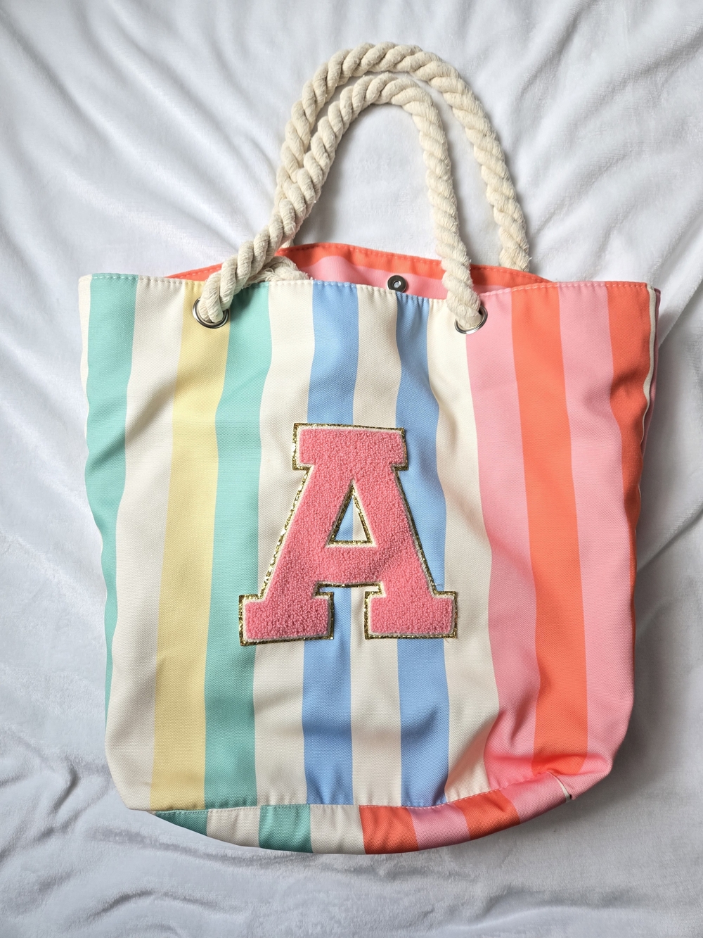 Pastel Rainbow Striped Canvas Beach Tote Bag Rope Handles Monogram Letter A